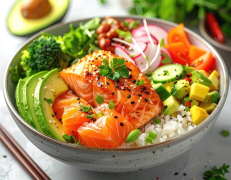 Vibrant bowl with fresh salmon, avocado, rice, and colorful vegetables