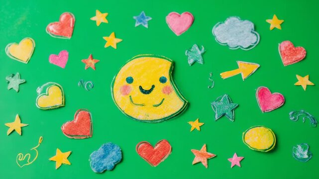 Whimsical Moon character with hearts and stars in a playful green background