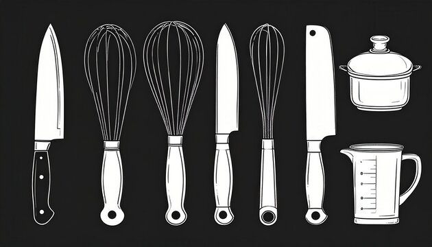 White Line Art Kitchen Tool Icon Set Featuring Whisk Knife Spatula Chef Hat and Cooking Utensils