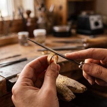 Nahaufnahme der H&auml;nde eines Goldschmieds die mit einer Feile die Oberfl&auml;che eines Goldrings gl&auml;tten in einer Werkstatt