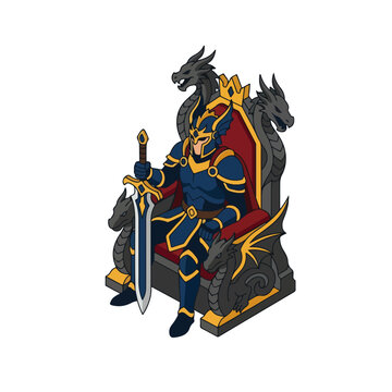 fantasy knight on throne vector illustration with dragon motif
