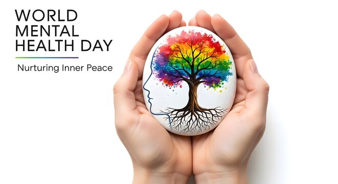 Hands holding a painted stone with a colorful tree of life for world mental health day awareness