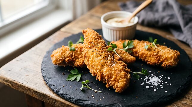 Crispy golden chicken tenders served on a rustic black slate plate garnished with fresh herbs, salt crystals, and a creamy dipping sauce.