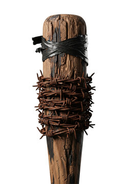 hyper-detailed macro shot of an aged, splintered wooden baseball bat tightly wrapped in rusted, oxidized barbed wire, sharp focus against a transparent background with copy space. oppressive