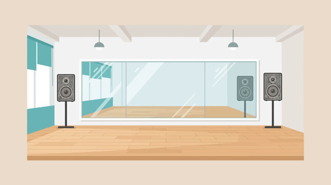 Pixel Art Illustration of an Empty Dance Studio with Large Mirrors and Speakers