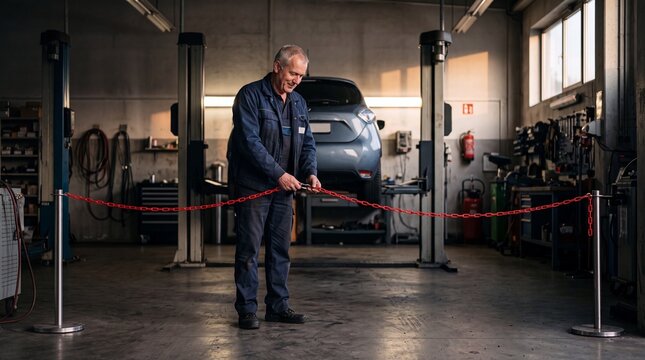 Senior Mechaniker in Halbtotale schlie&szlig;t eine rote Absperrkette vor einem Elektroauto in der Werkstatt