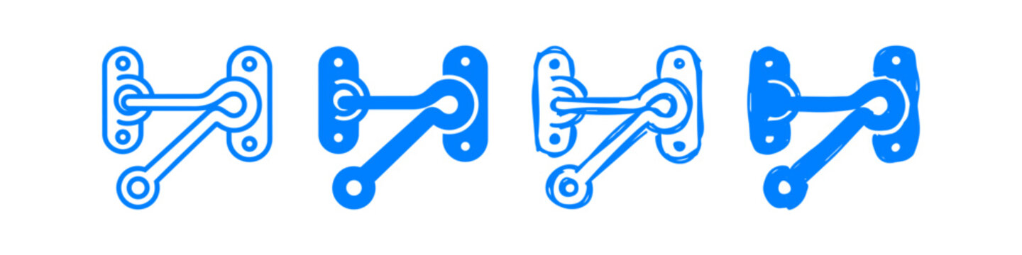 Set of blue hand-drawn hook and eye gate latch icons on a white background, featuring four artistic sketch styles for security and hardware concepts.