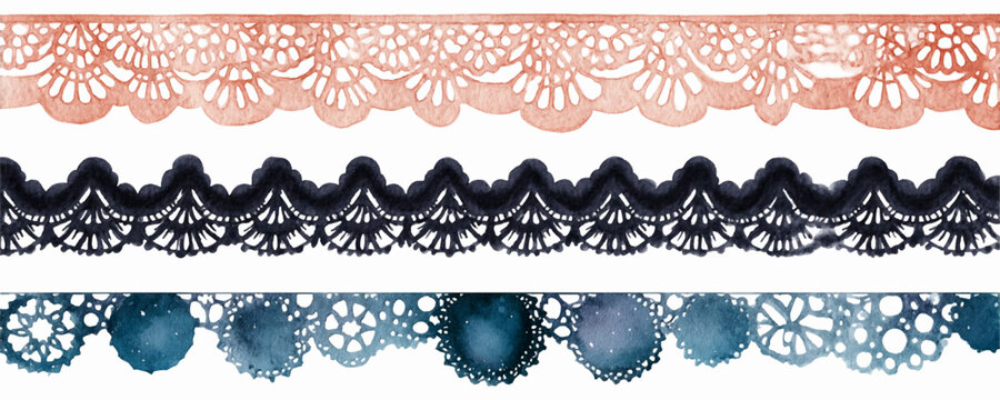 Watercolor lace borders creating decorative trims with a vintage hand painted texture, illustrating a ornate floral pattern for elegant design and craft projects