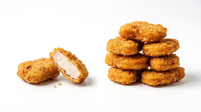 Crispy golden-brown chicken nuggets stacked in a pile alongside one cut open to show juicy tender white meat, isolated on a clean white background.