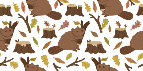 Flat vector illustration of a seamless autumn pattern with cute beavers, tree stumps, branches and colorful leaves, perfect for fabric, wallpaper and wrapping paper. © passionastia