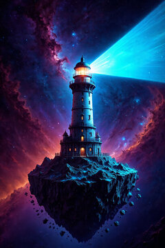 A lighthouse sits atop a jagged island floating in deep space, casting a beam of neon light into the void, surrounded by swirling nebulae and scattered cosmic debris