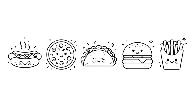 A set of adorable fast food characters including a hot dog, pizza, taco, burger, and french fries, rendered in cute kawaii line art on a clean white background.