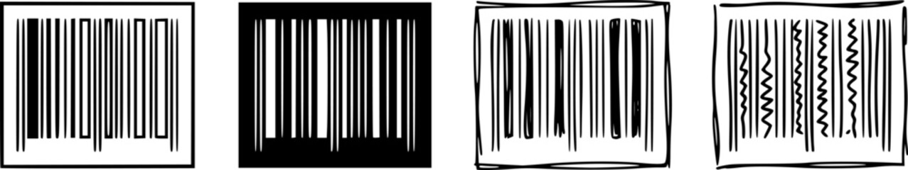 Obraz premium Set of four black and white barcode icons in different styles: outlined, solid, and hand-drawn doodles. Perfect for retail, e-commerce, and logistics graphics