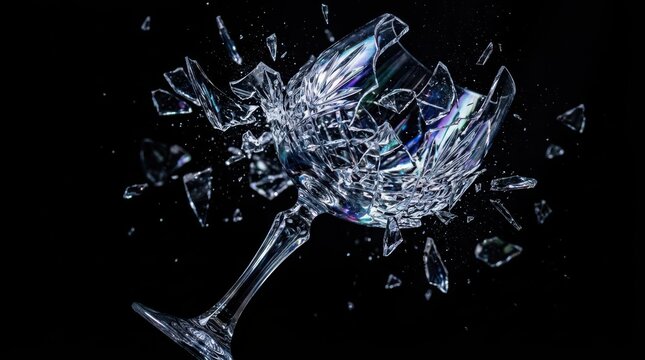 Shattered crystal wine glass exploding on black background