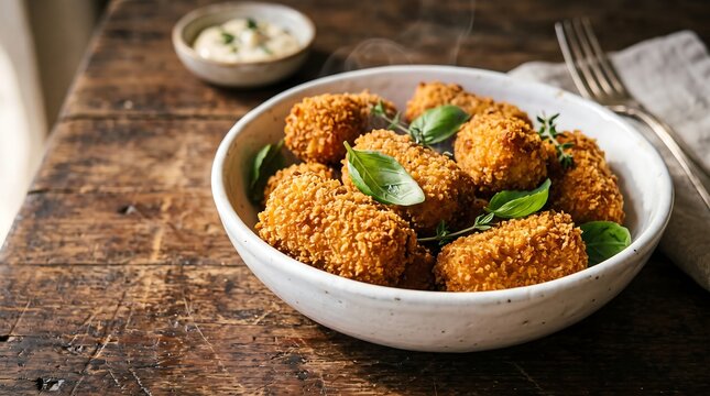 Crispy golden croquettes served hot in a ceramic bowl with fresh herbs and creamy dipping sauce on a rustic wooden table.