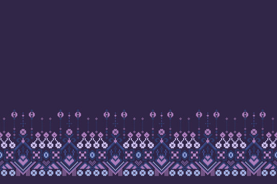 Traditional pixel folk border pattern featuring symmetrical floral and geometric motifs in purple, blue, and lavender. Seamless ethnic-inspired decorative trim for fabric