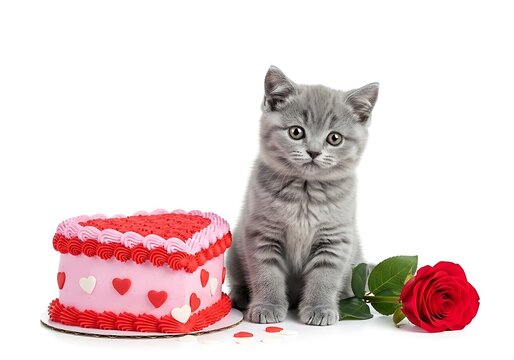 Cute kitten sitting next to heart cake