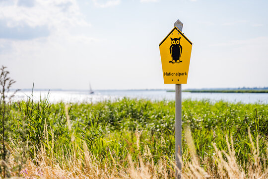 National Park Sign in Vorpommersche Boddenlandschaft near Zingst on the Baltic Coast