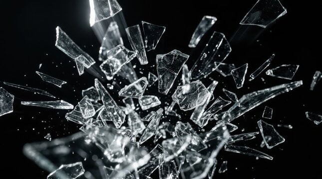 Exploding transparent glass shards on black background
