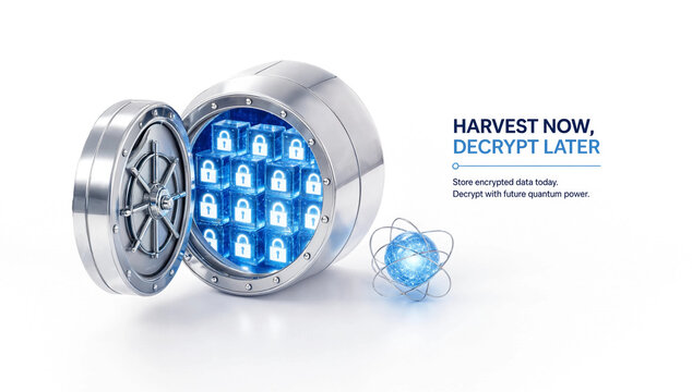 Open digital vault with encrypted data cubes next to a quantum core symbol, cyber security threat