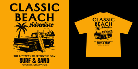 Obraz premium Vintage Pickup Truck T-Shirt Design with surfboard. Classic Style Typography