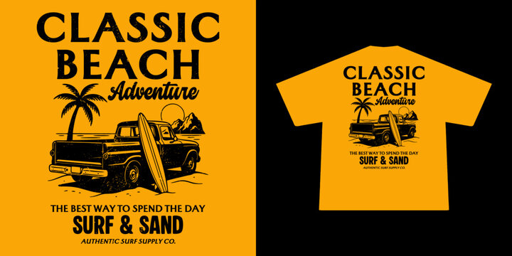 Vintage Pickup Truck T-Shirt Design with surfboard. Classic Style Typography