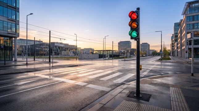 Traffic Light Showing All Three Colors at Empty Urban Intersection at Sunrise