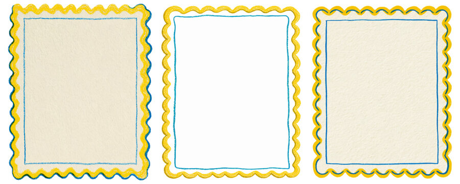 Three blank frames display a vintage paper texture with a wavy yellow outer border and a thin blue inner line. Messages. And announcements