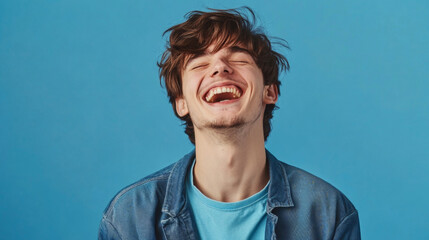 Naklejka premium Joyful young man laughing with happiness on vibrant background
