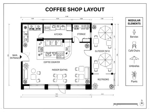 Coffee shop layout architectural floor plan, modern cafe interior design blueprint with modular elements, restaurant floorplan vector