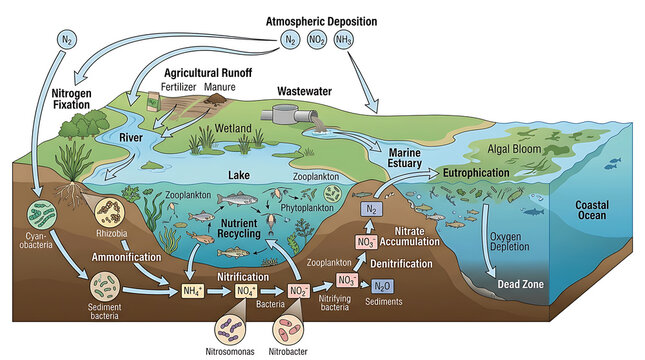 Detailed Educational Diagram of the Nitrogen Cycle Showing Nutrient Recycling in Land and Marine Environments