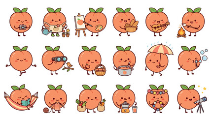 Naklejka premium Set of cute peach character stickers performing various daily activities and hobbies in a cartoon style.