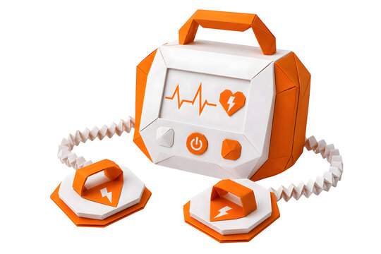 Origami Defibrillator with Folded Paddle Icons in Orange and White Paper Isolated on Transparent Background