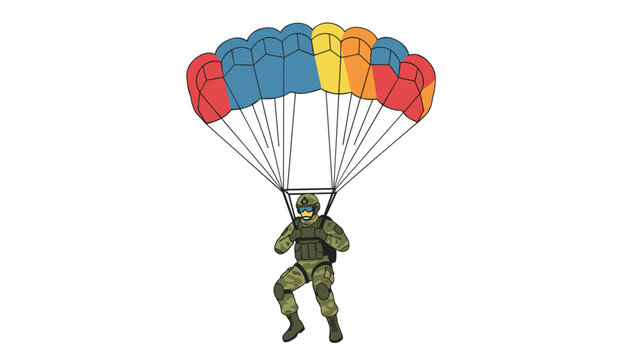Soldier in camouflage uniform descending with a colorful parachute against a white isolated background.