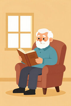 Elderly Man Deeply Engrossed in Rereading Beloved Novel by Soft Light, Evoking Nostalgia and Serenity in a Cozy Armchair