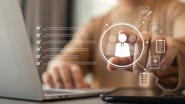 Human resources management and online recruitment concept with virtual checklist, digital documents and employee selection interface. HR technology, business organization, workforce management system.