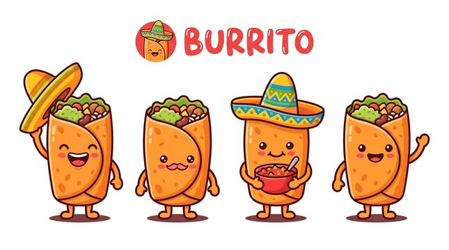 Four cute cartoon burrito characters with smiling faces and sombreros, featuring guacamole, rice, and beans fillings in a fun, vibrant kawaii illustration style.