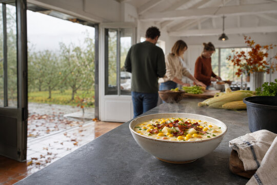 Preparaci&oacute;n de comida en una cocina amplia con sopa de ma&iacute;z en primer plano y personas trabajando en el fondo