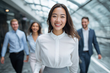 Obraz premium Portrait of happy smiling confident young very attractive businesswoman CEO professional manager entrepreneur in a skirt in a business meeting teamwork looking at camera, diverse businesspeople 