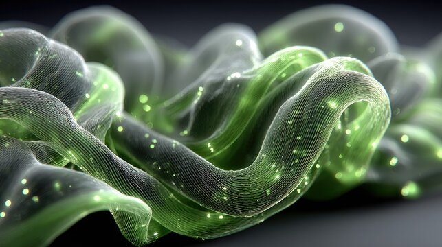 Translucent matte fabric with interwoven glowing green filaments representing the integration of air-filtering layers into medical-grade textiles for the protection of immunocompromised patients 