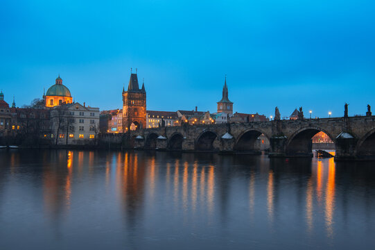 Prague winter blue hour cityscape with Charles Bridge