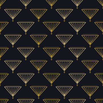 Art deco gold pleated diamond seamless pattern on dark background