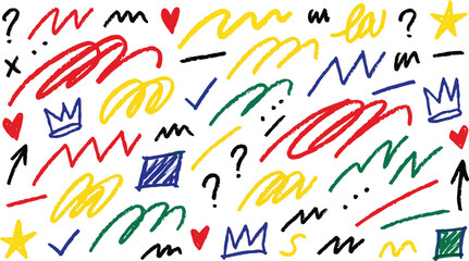 Abstract scribbles and doodles with colorful lines and shapes on a white background representing playful creativity and imagination © MMM