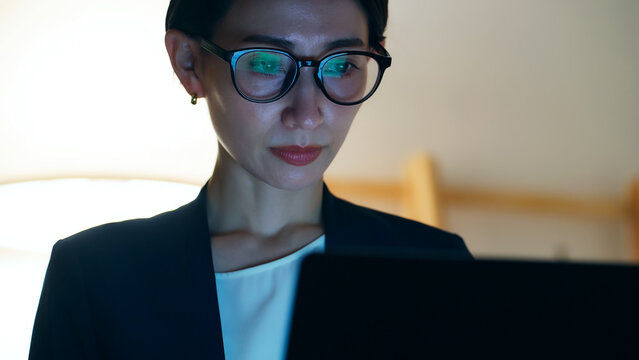 暗い部屋でパソコンを見るミドル女性。残業、夜、オフィス、仕事、作業、SE、エンジニア、画面、開発