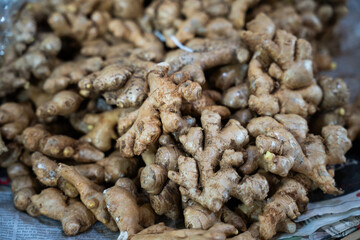 Fototapeta premium Fresh ginger roots at market – close up