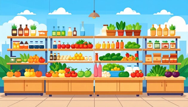 Colorful, well-stocked grocery store shelves, filled with fresh produce & packaged goods