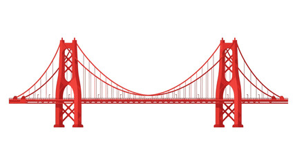 Fototapeta premium Flat design vector illustration of a red suspension bridge resembling the Golden Gate Bridge isolated on a white background with detailed cable structures and tall towers.