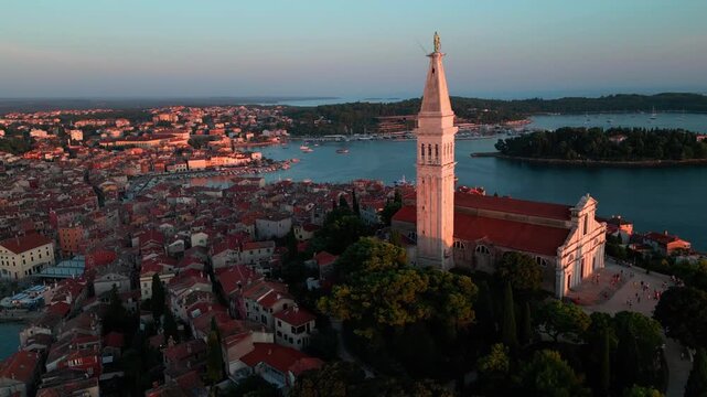Top down drone view of Rovinj old town and St Euphemia Church, Croatia