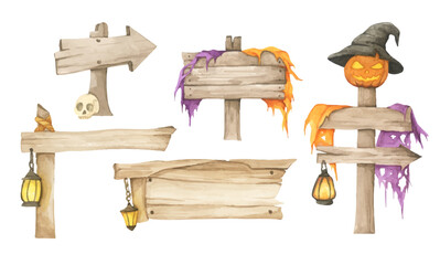 Fototapeta premium Halloween wood sign illustration set, spooky wooden signboard with lantern, spider web, creepy horror banner, autumn party decoration, vintage plank background, cute holiday design