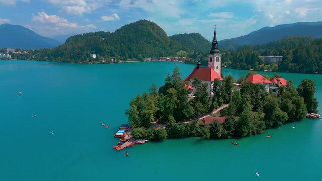 Drone view of Lake Bled island with Church of the Assumption, Slovenia